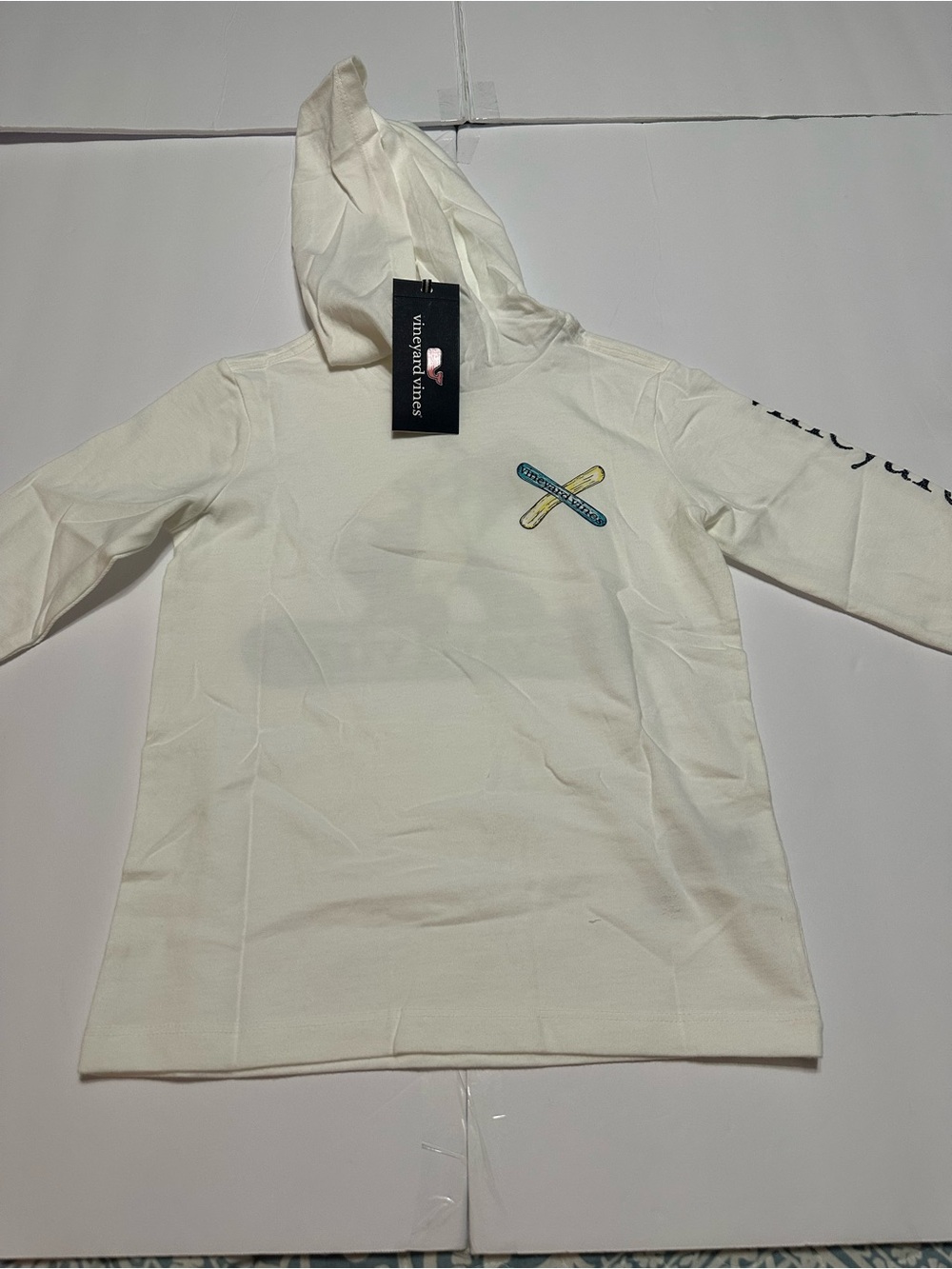Vineyard Vines Kids Cream Hoodie with Crossed Paddle Logo